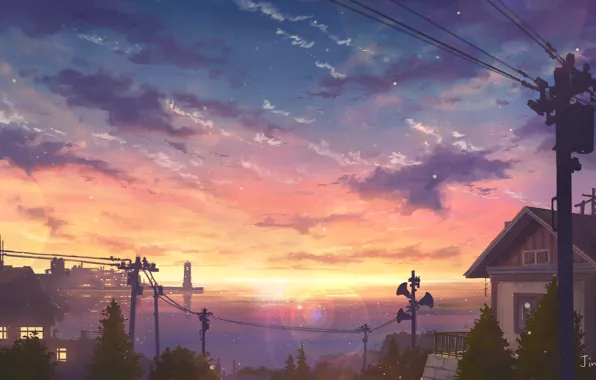 Картинка море, закат, город