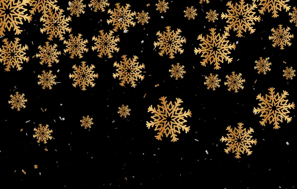 Картинка украшения, снежинки, золото, Рождество, Новый год, golden, christmas, черный фон