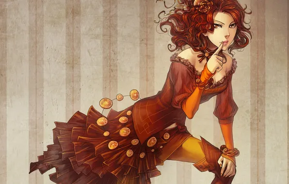 Картинка девушка, апельсин, платье, декольте, цветок в волосах, tagme (artist)