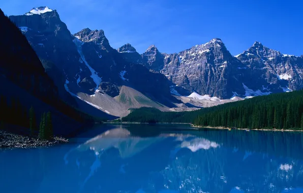 Картинка лес, снег, горы, озеро, синее небо