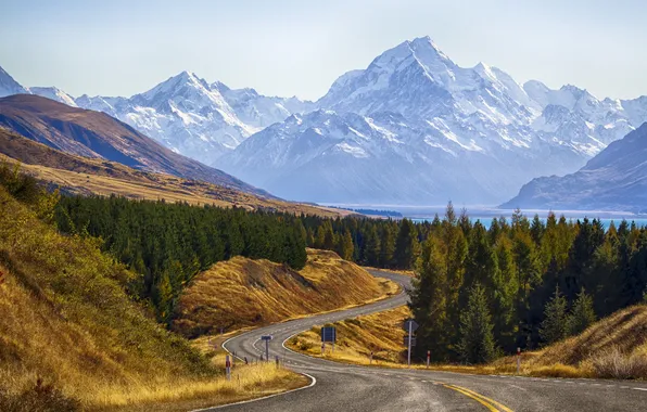 Картинка дорога, пейзаж, горы, природа, парк, фото, Новая Зеландия, Cook