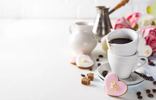 Картинка кофе, розы, печенье, чашка, сердечки, Myfoodie