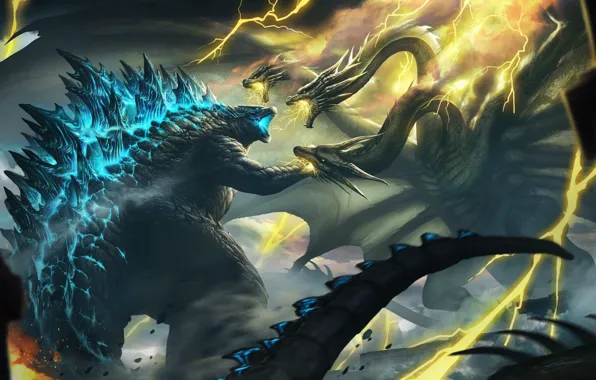 Дракон, Пасть, Fantasy, Dragon, Годзилла, Арт, Art, Lightning