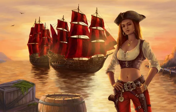 Девушка, закат, корабль, арт, пиратка