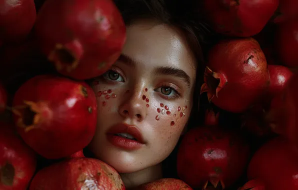 Взгляд, девушка, лицо, поза, портрет, шатенка, фрукты, много