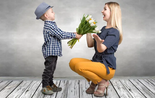 Цветы, Девушка, Мальчик, Тюльпаны, Ребенок, Двое, 8 марта, Flowers