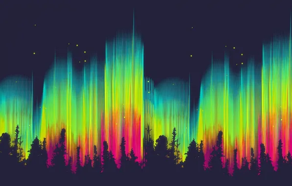 Картинка лес, цвета, звезды, абстракция, фон, обои, яркие, графика
