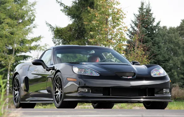 Черный, Corvette, Chevrolet, supercar, black, front, корвет, Pratt &ampamp; Miller