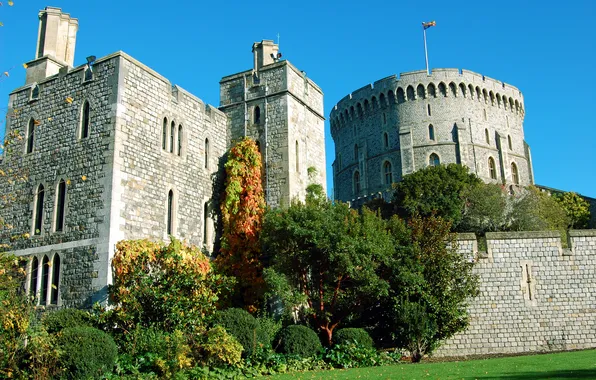 Картинка город, фото, замок, Великобритания, кусты, Windsor