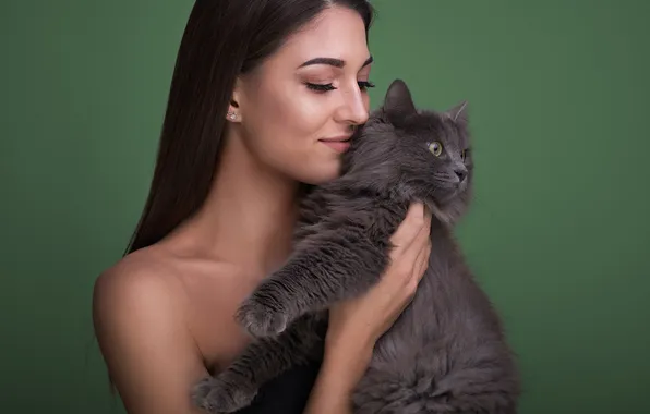 Кошка, кот, девушка, улыбка, серый, портрет, брюнетка, друзья