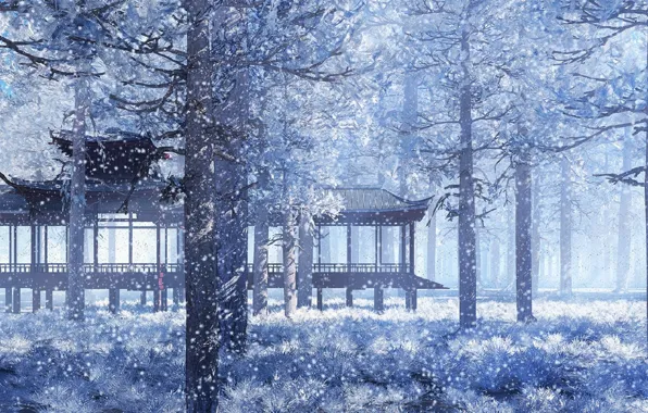 Картинка снег, парк, Япония, беседка, снегопад, зимняя сказка, еловый лес
