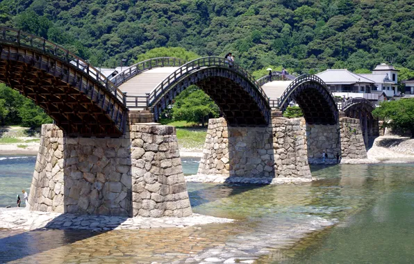 Картинка деревья, горы, мост, река, Китай, Kintai Bridge, Кинтай