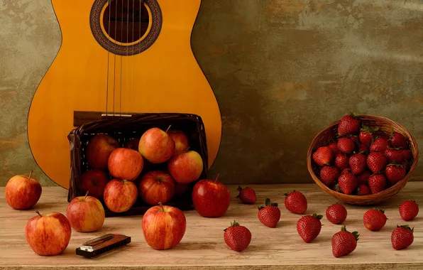 Картинка стол, стена, корзина, яблоки, гитара, клубника, ягода, фрукты