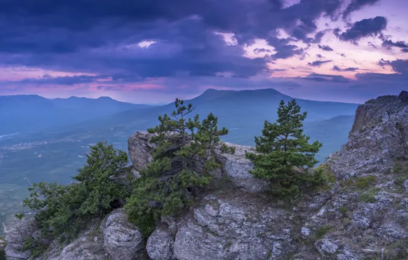 Пейзаж, горы, природа, камни, скалы, рассвет, деревца