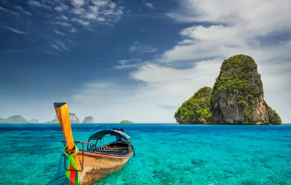 Пляж, острова, скалы, лодка, Таиланд, Thailand, Railay beach