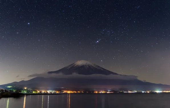 Небо, звезды, гора, Япония, панорама, Фудзияма