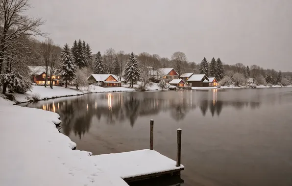 Картинка зима, снег, город, река, дома, house, хижина, nature