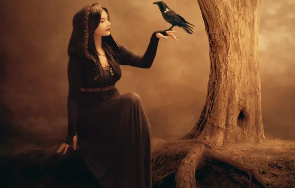Картинка девушка, лицо, фантастика, дерево, птица, рука, макияж, платье