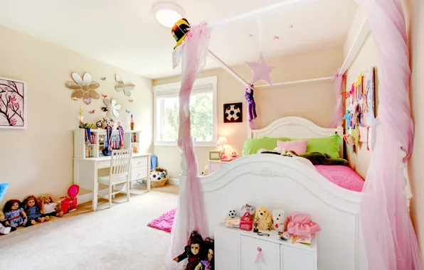 Уют, комната, игрушки, кровать, куклы, подушки, детская