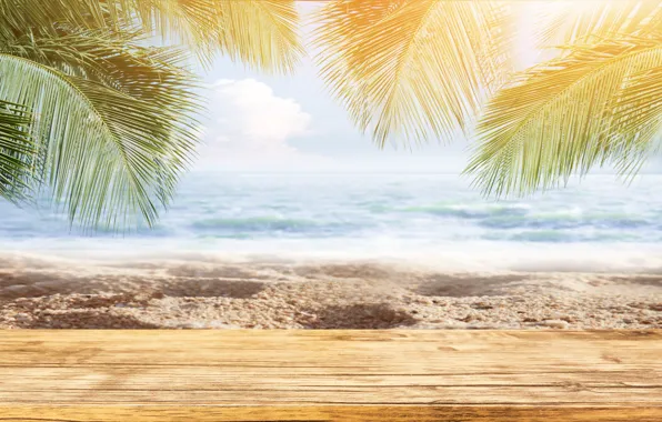Картинка песок, море, волны, пляж, лето, солнце, пальмы, summer