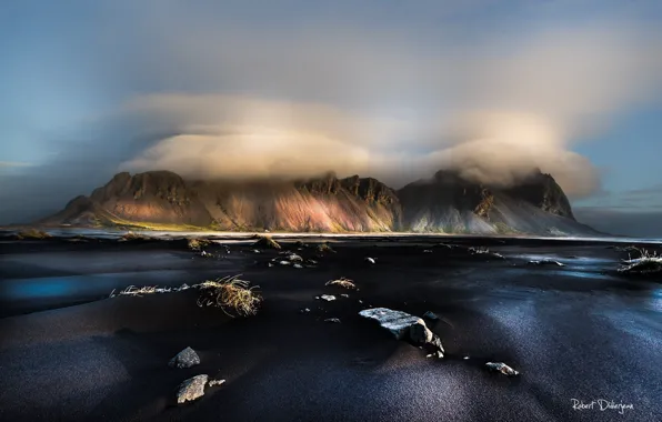 Пляж, небо, облака, горы, туман, Исландия, Стокнес