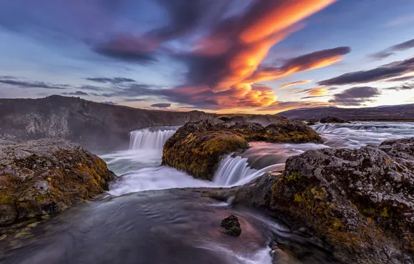 Картинка небо, закат, водопад, Исландия