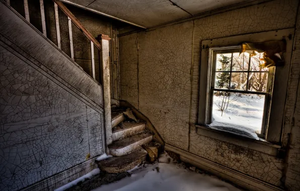 Картинка снег, комната, окно, лестница, развалины