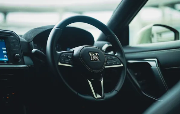 Logo, Nissan, GT-R, close-up, R35, steering wheel, 2022, Nissan GT-R Premium Edition T-spec