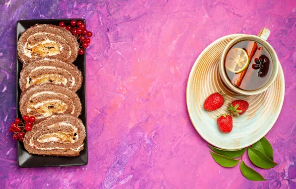 Листья, ягоды, лимон, чай, клубника, тарелка, чаепитие, чашка