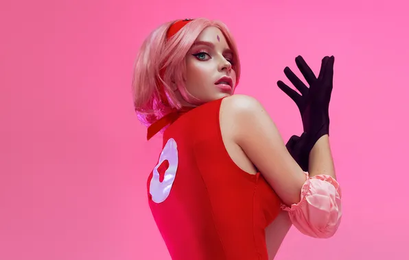 Девушка, розовый фон, Sakura Haruno, Cosplay, со спины, одевает перчатку