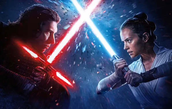 Девушка, противостояние, парень, световые мечи, Star Wars Episode IX The Rise of Skywalker