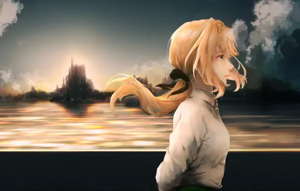 Девушка, закат, горизонт, Violet Evergarden