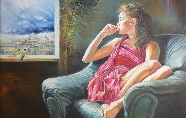 Картинка девушка, птицы, город, настроение, кресло, окно, синицы, Wlodzimierz Kuklinski