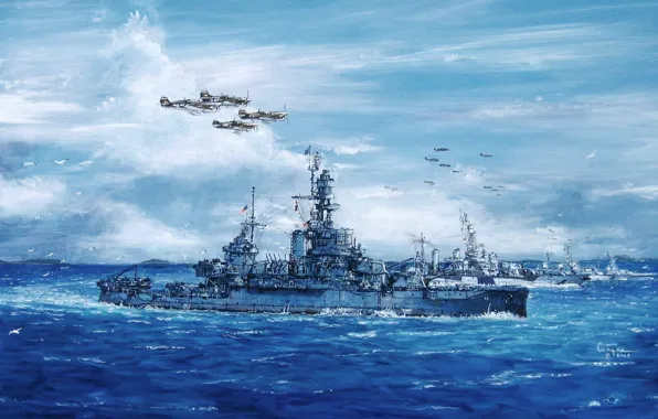Картинка море, волны, небо, рисунок, корабли, арт, самолёты, WW2