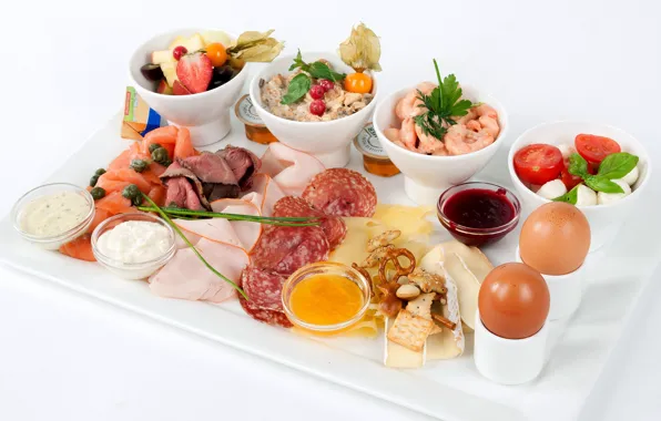 Яйца, завтрак, сыр, мясо, крекеры, помидоры, соус, колбаса