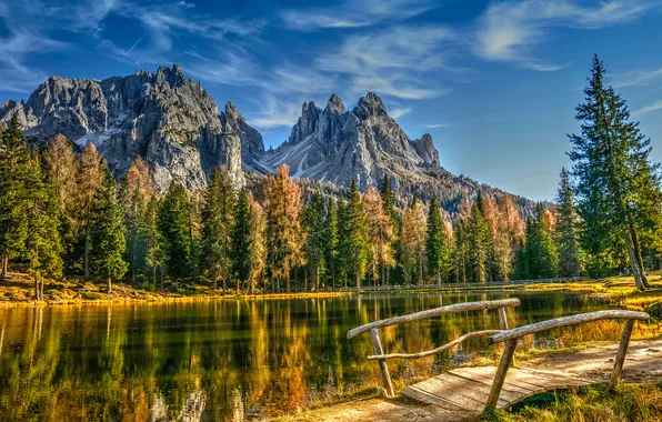 Осень, лес, деревья, горы, озеро, HDR, Dolomites