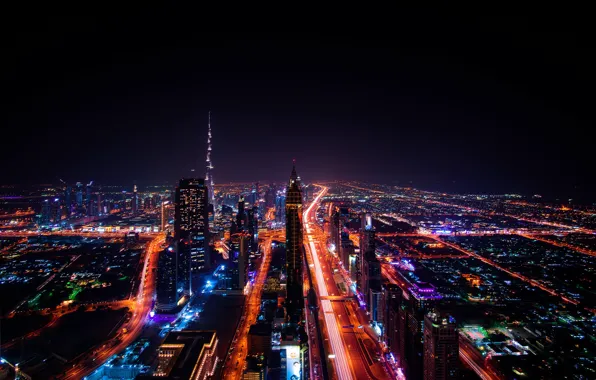 Картинка ночь, огни, дома, панорама, Дубай, улицы, ОАЭ