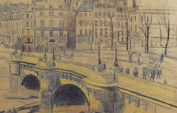 Рисунок, городской пейзаж, Максимильен Люс, Maximilien Luce, Новый Мост и Набережная Конти