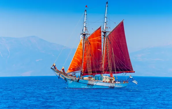 Море, корабль, парусник, красные паруса