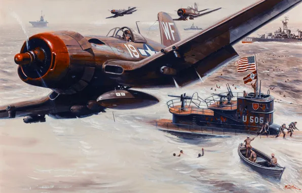 Картинка корабли, пилот, сражение, подводная лодка, Mort Künstler, люди истребитель