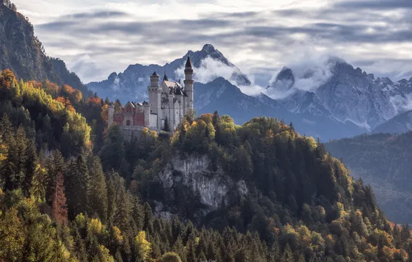Осень, лес, горы, скала, замок, Германия, Бавария, Germany