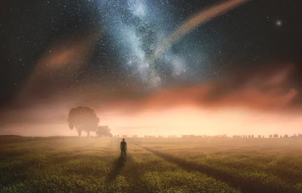 Картинка поле, небо, звезды, свет, ночь, туман, человек, дымка