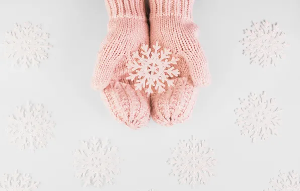 Картинка зима, снег, снежинки, pink, winter, варежки, snow, hands