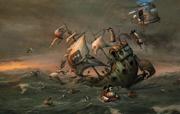 Море, шторм, корабль, робот, арт, пираты, вертолёт