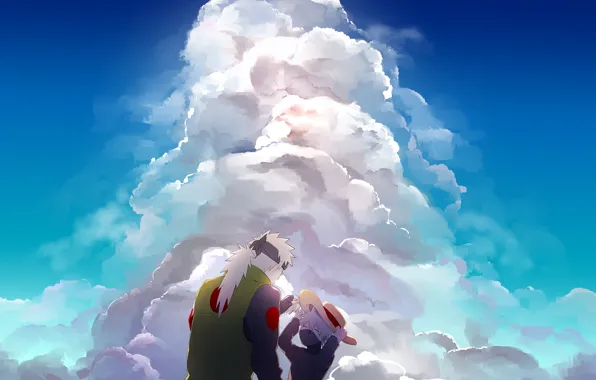 Небо, облака, отец, naruto, сын, sky blue, Hatake Kakashi, by Logll