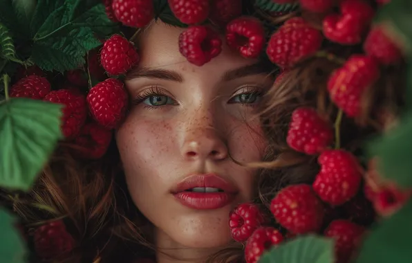 Взгляд, листья, девушка, лицо, поза, ягоды, малина, портрет