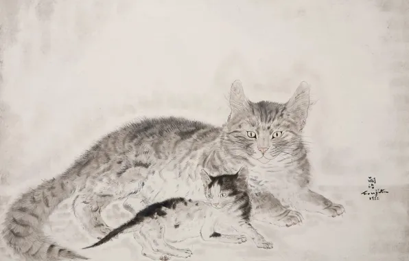Картинка чёрно-белые, 1932, Цугухару, Фудзита, Кошка с котенком