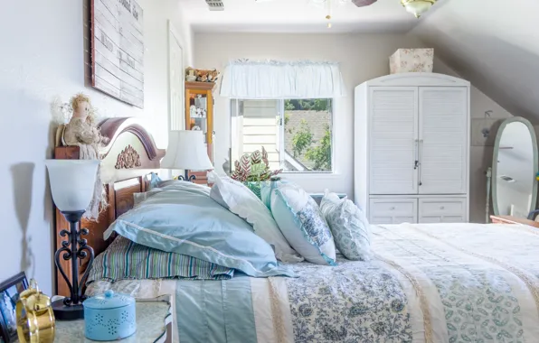 Картинка кровать, подушки, спальня, декор