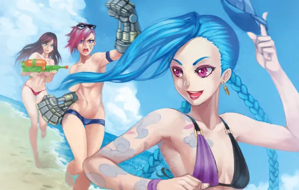 Море, пляж, купальник, небо, девушки, игра, арт, League of Legends