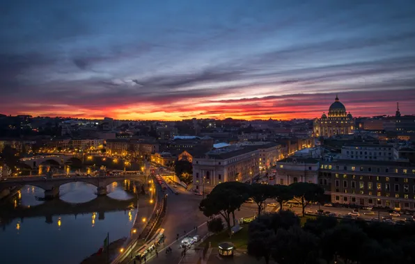 Картинка закат, город, река, здания, дома, вечер, Рим, панорама